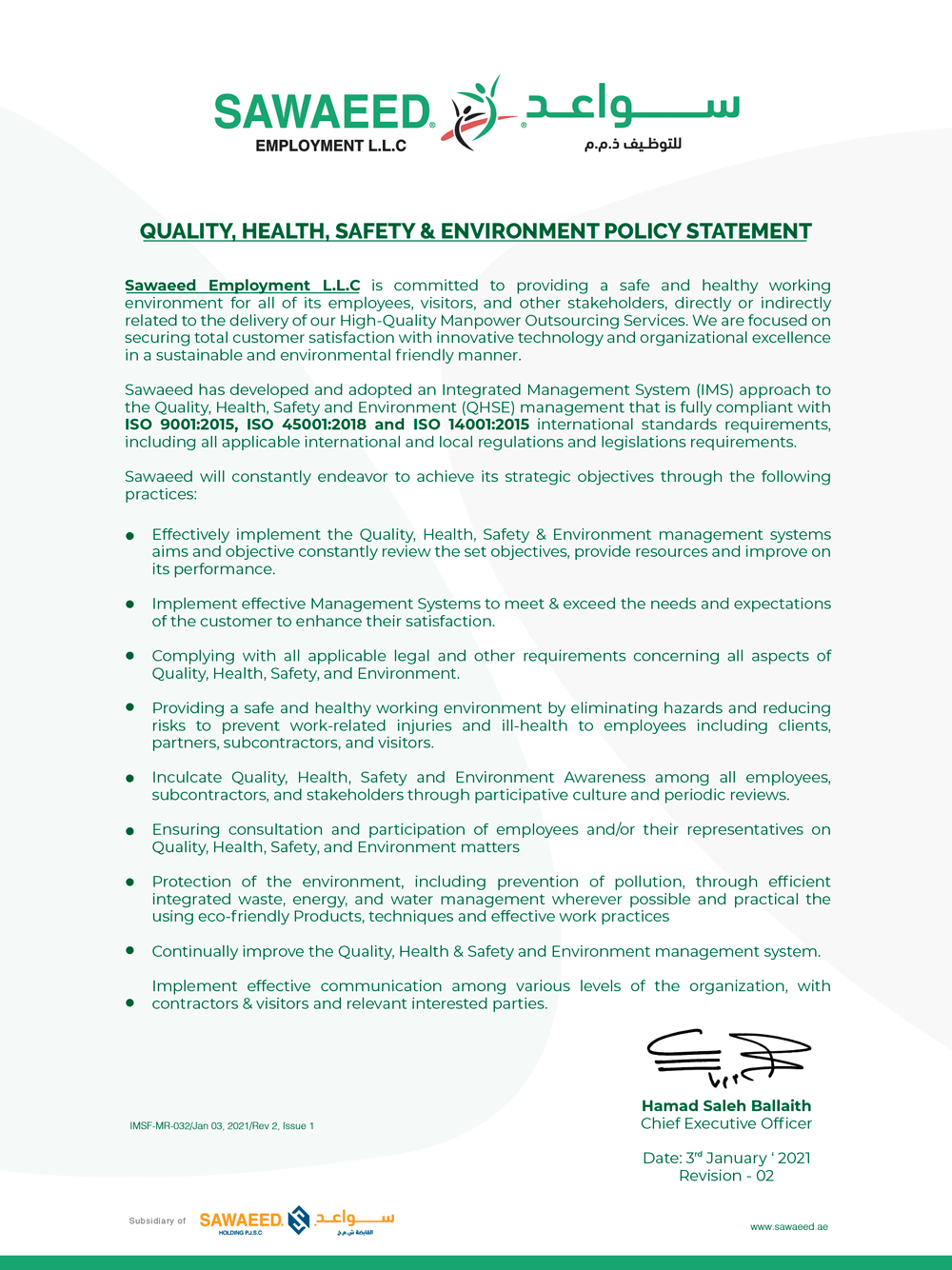 Quality, Health, Safety & Environment Policy Statement - Sawaeed